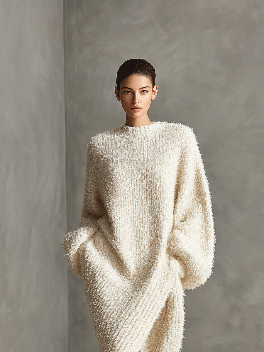 Cream Elegant Faux Mink Knit Asymmetric Slit Midi Dress