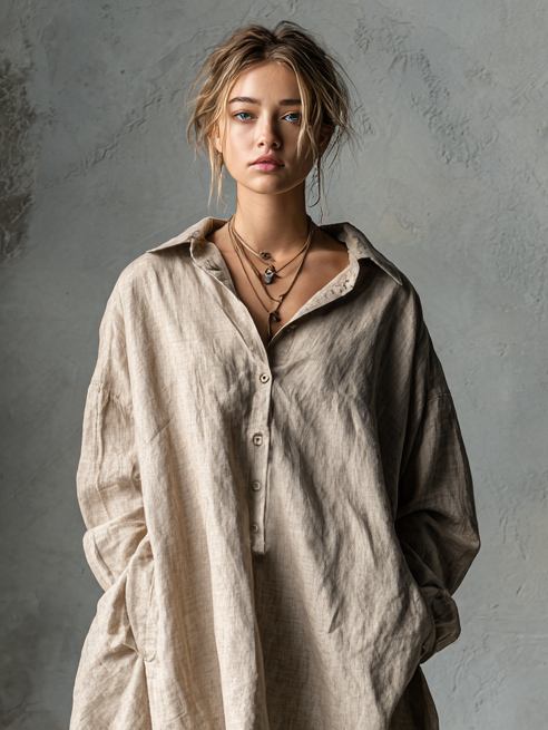 Fashion Loose Mini Dress in Cotton and Linen with Button Lapel