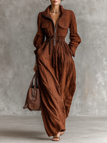 Cotton And Linen Maxi Dress With Zipper Lapel And Elastic Waist