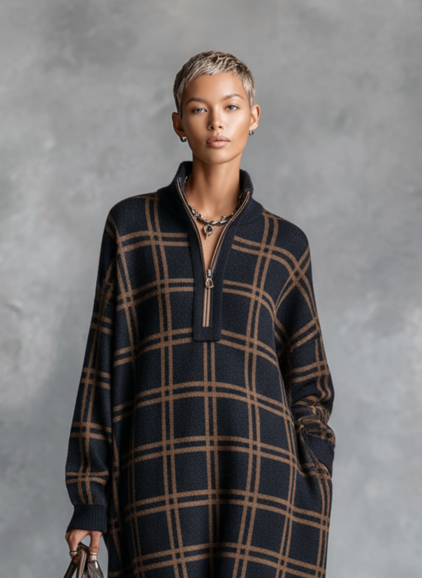 Loose Plaid Knitted Maxi Dress with Zipper Neck