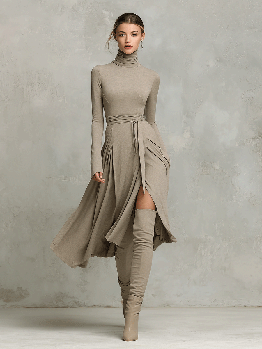 Elegant Long Sleeves Knit Blend Midi Dress for Women
