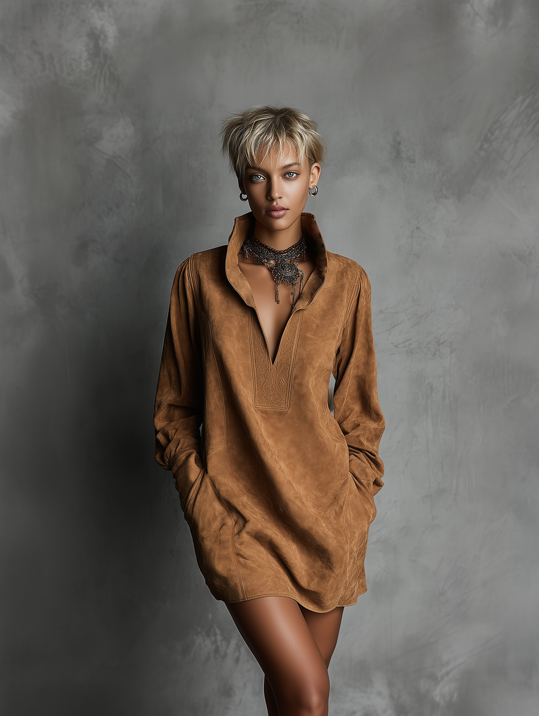 V-neck Long-sleeved Casual Dress in Suede Embossed Fabric