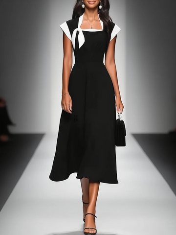 Colorblock Midi Dress with Square Neck Cap Shoulder Sleeves