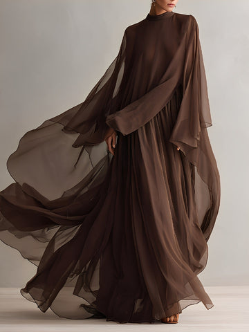 Rich Brown Chiffon Dress With Flowy Maxi Silhouette And Cape-like Design Modern Elegant-Glam Style Dress
