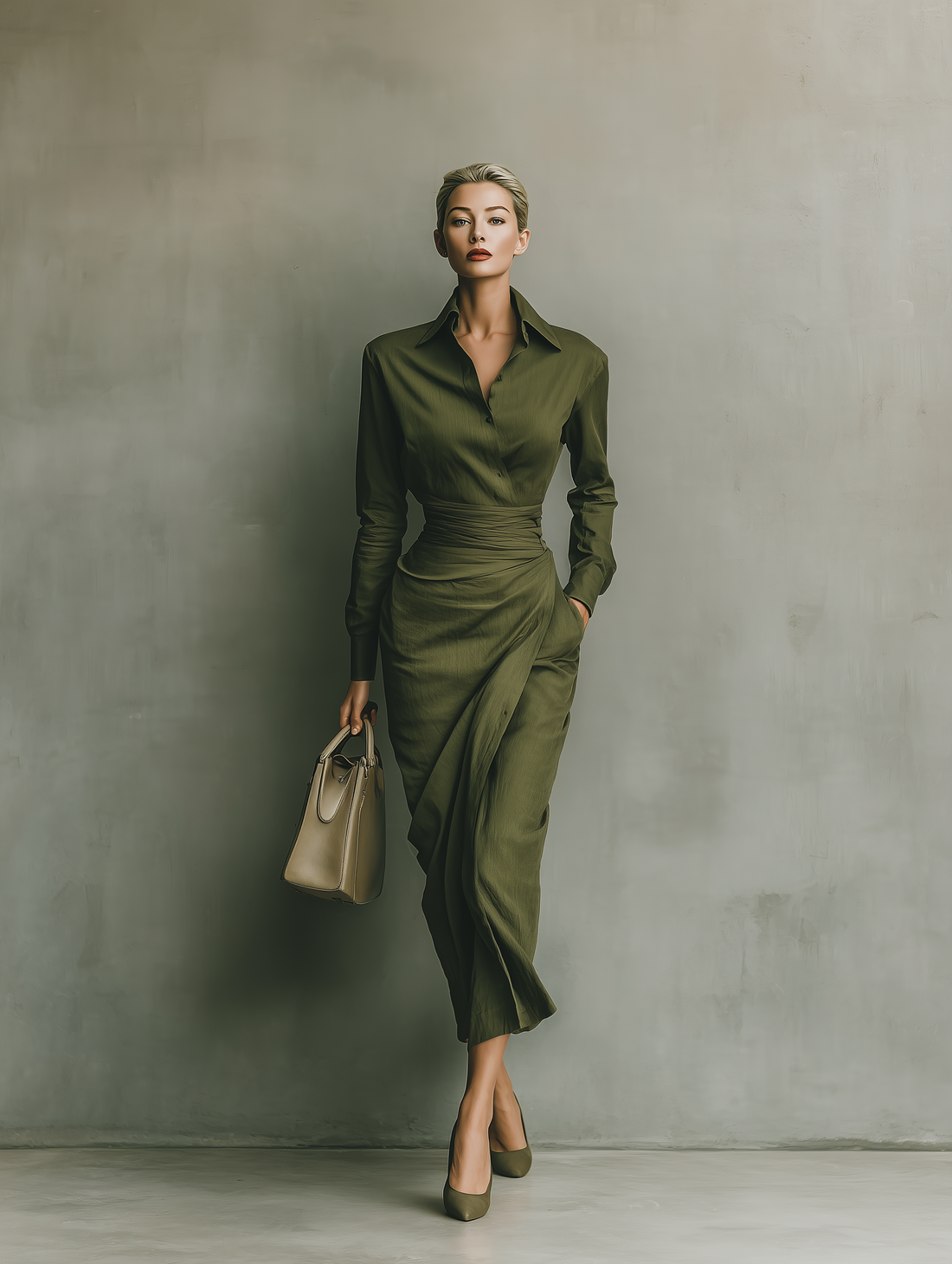 Army Green Cotton Blended Maxi Dress