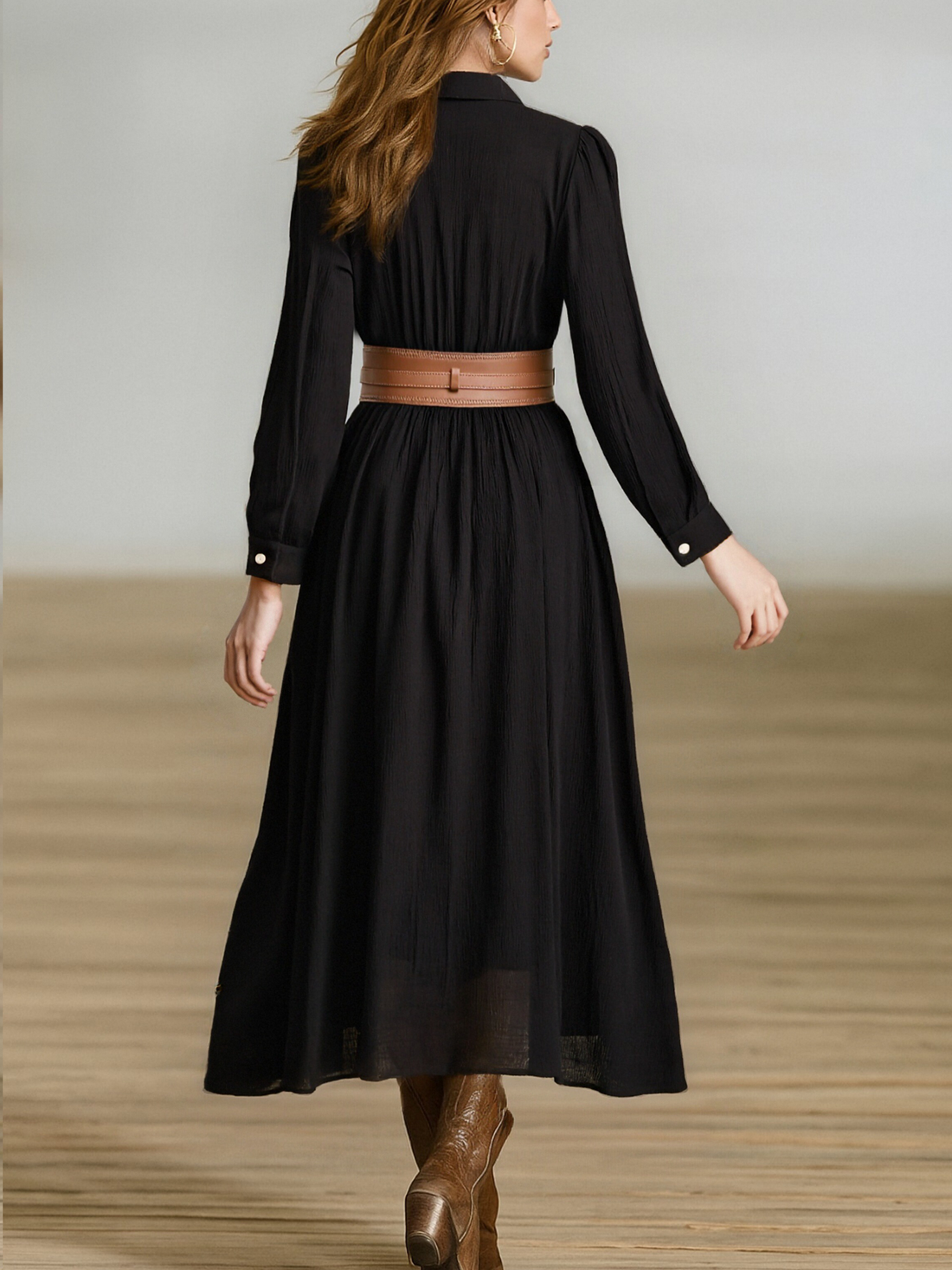 Imitation Cotton And Linen Long-sleeved Maxi Dress With Pleated Lapel And Single-breasted Design