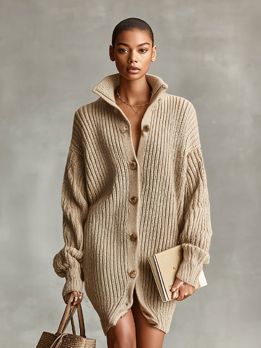 Camel Oversized Mini Cardigan Dress with Button Front