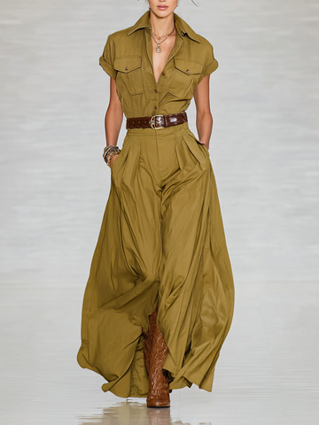 Cotton Blend Maxi Dress Short-sleeved Single-breasted Lapel Shirt