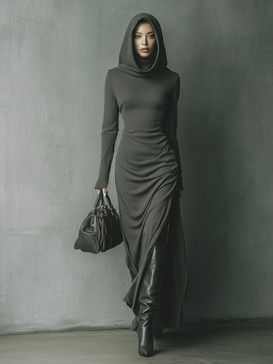Dark Grey High Elastic Knitted Hooded Maxi Dress