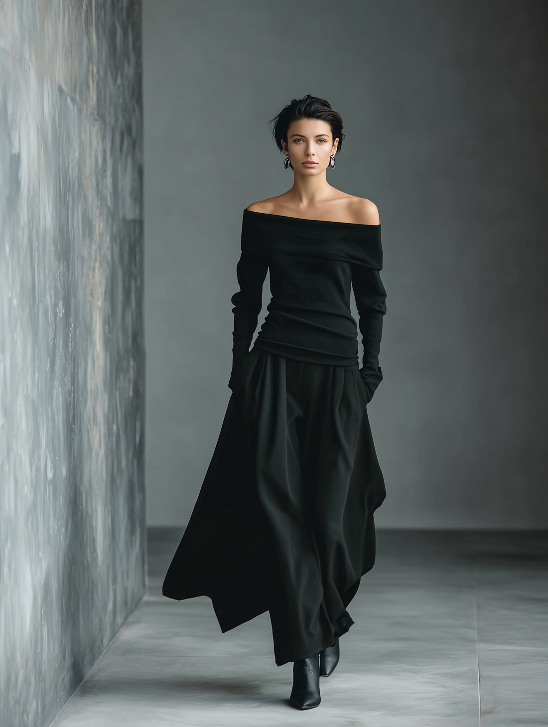 Black Knit Off-Shoulder Fitted Top and Woven Fabric Skirt Set