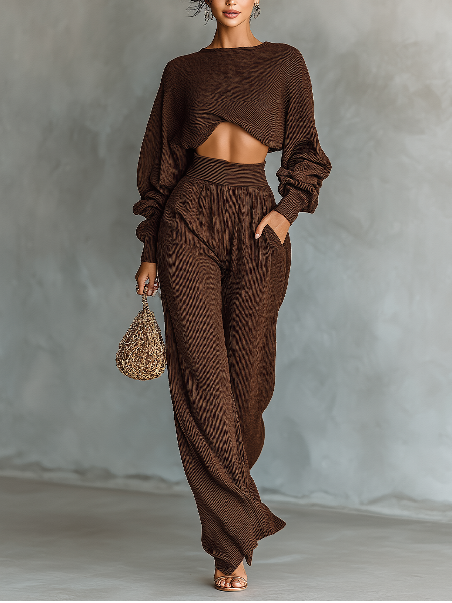 Coffee-colored Short Top and Wide-leg Pants Knitted Set