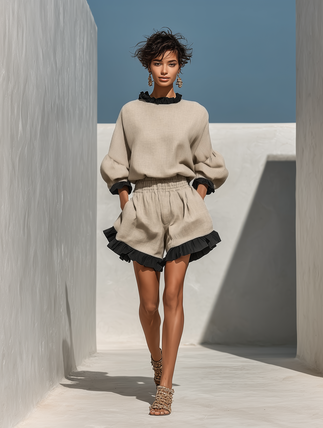 Beige Linen-Blend Long Sleeve Blouse with Contrast Ruffle Trim and High-Waisted Ruffle Hem Shorts Two-Piece Set