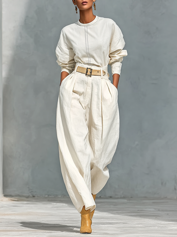 Cotton And Linen Blend Crew Neck Long Sleeve Shirt And Loose Trousers Set (belt Not Included)