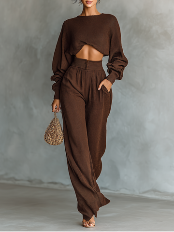 Coffee-colored Short Top and Wide-leg Pants Knitted Set