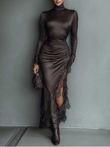 Dark Brown Satin Irregular Hem Lace Slim Maxi Dress