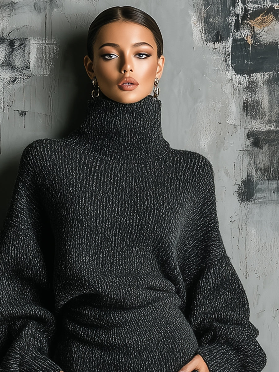 Charcoal Knit Turtleneck Oversized Midi Dress