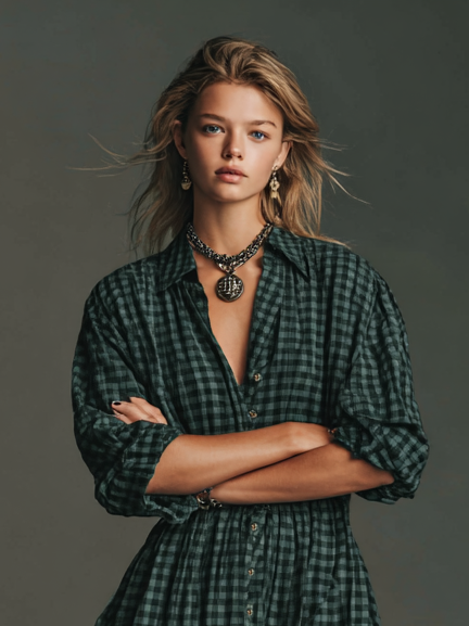 Plaid Long Sleeve Maxi Dress