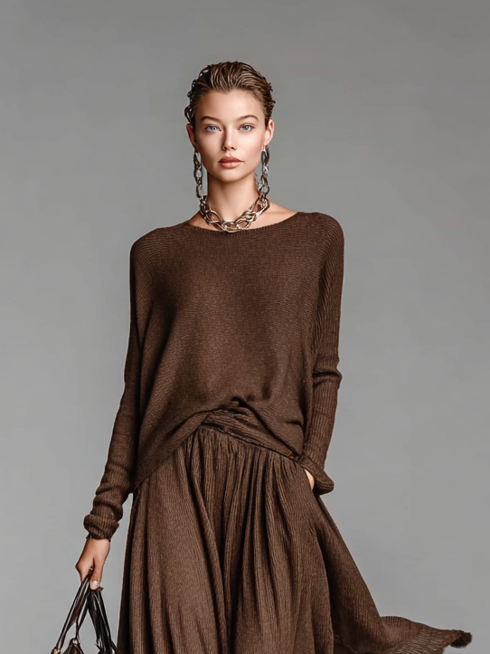 Fashion Round Neck Knitted Sweater Skirt Set