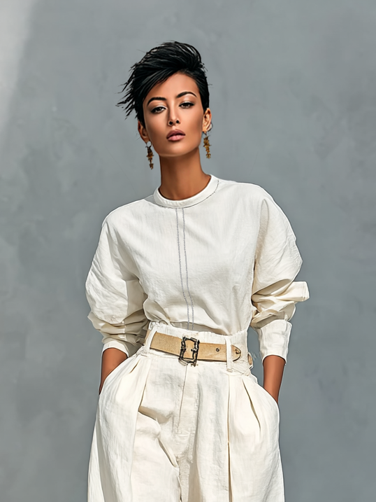 Cotton And Linen Blend Crew Neck Long Sleeve Shirt And Loose Trousers Set (belt Not Included)