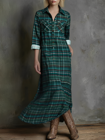 Plaid Print Long-sleeved Maxi Dress