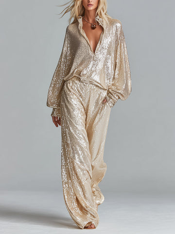 Gold Sequin Collared Half-Zip Wide-Leg Loungewear Party Set