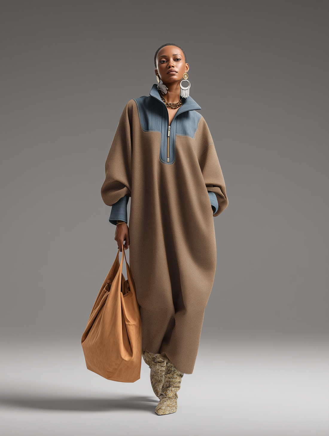 Brown Double-Sided Brushing and Blue Denim Stand Collar Loose-Fitting Long Dress