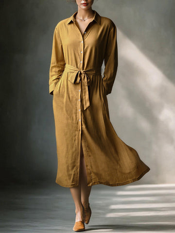 Mustard Elegant Linen Blended Midi Shirt Dress with Button Front and Belt