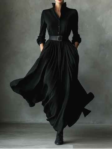 Black Textured Pleated Vintage Maxi Dress for Women