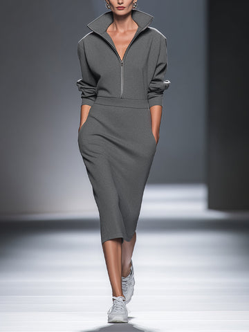 Casual Midi Dress Half Zip in Cotton Polyester