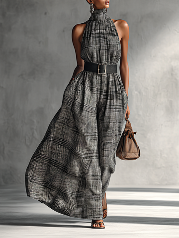 Plaid High Collar Sleeveless Belted Maxi Dress