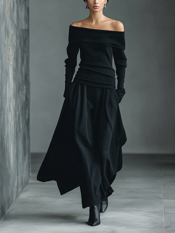 Black Knit Off-Shoulder Fitted Top and Woven Fabric Skirt Set