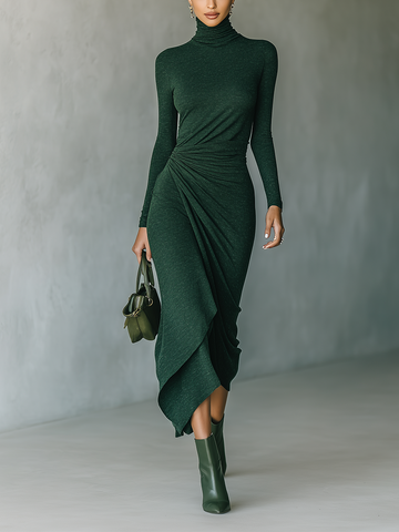 Dark Green High-elastic Knitted High-neck Wrap Midi Dress