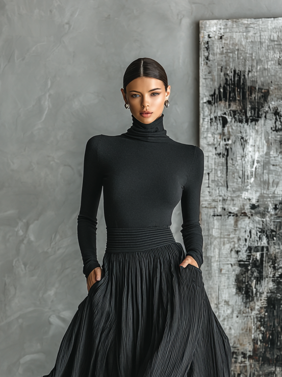 Fashion All Black Skinny Turtleneck T-shirt and Pleated Skirt Set