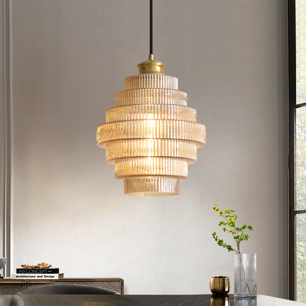 Stripped Glass Brass Pendant Light Antique