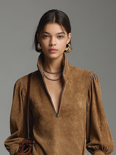 Fashion Loose Suede Turtleneck Mini Dress with Zipper