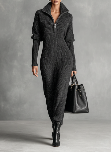Minimalist Solid Color Zipper Neck Knitted Maxi Dress