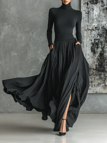 Fashion All Black Skinny Turtleneck T-shirt and Pleated Skirt Set