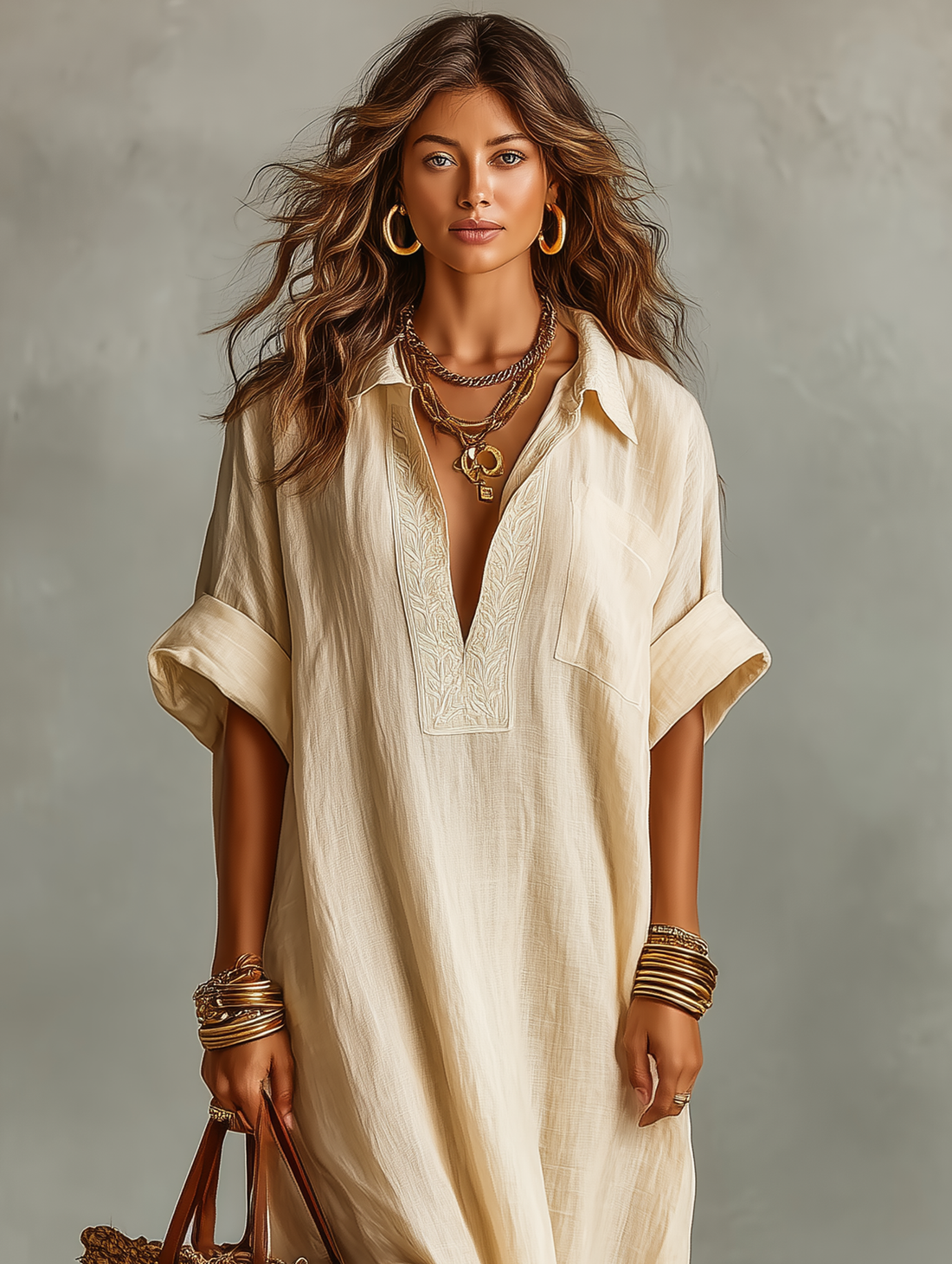 Minimalist Loose-fitting Short-sleeved Maxi Dress with Embroidery