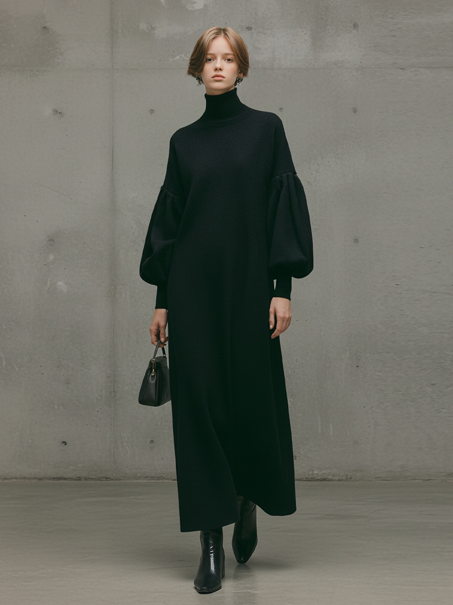 Modern Black Turtleneck Puff-Sleeve Sweatshirt Maxi Dress