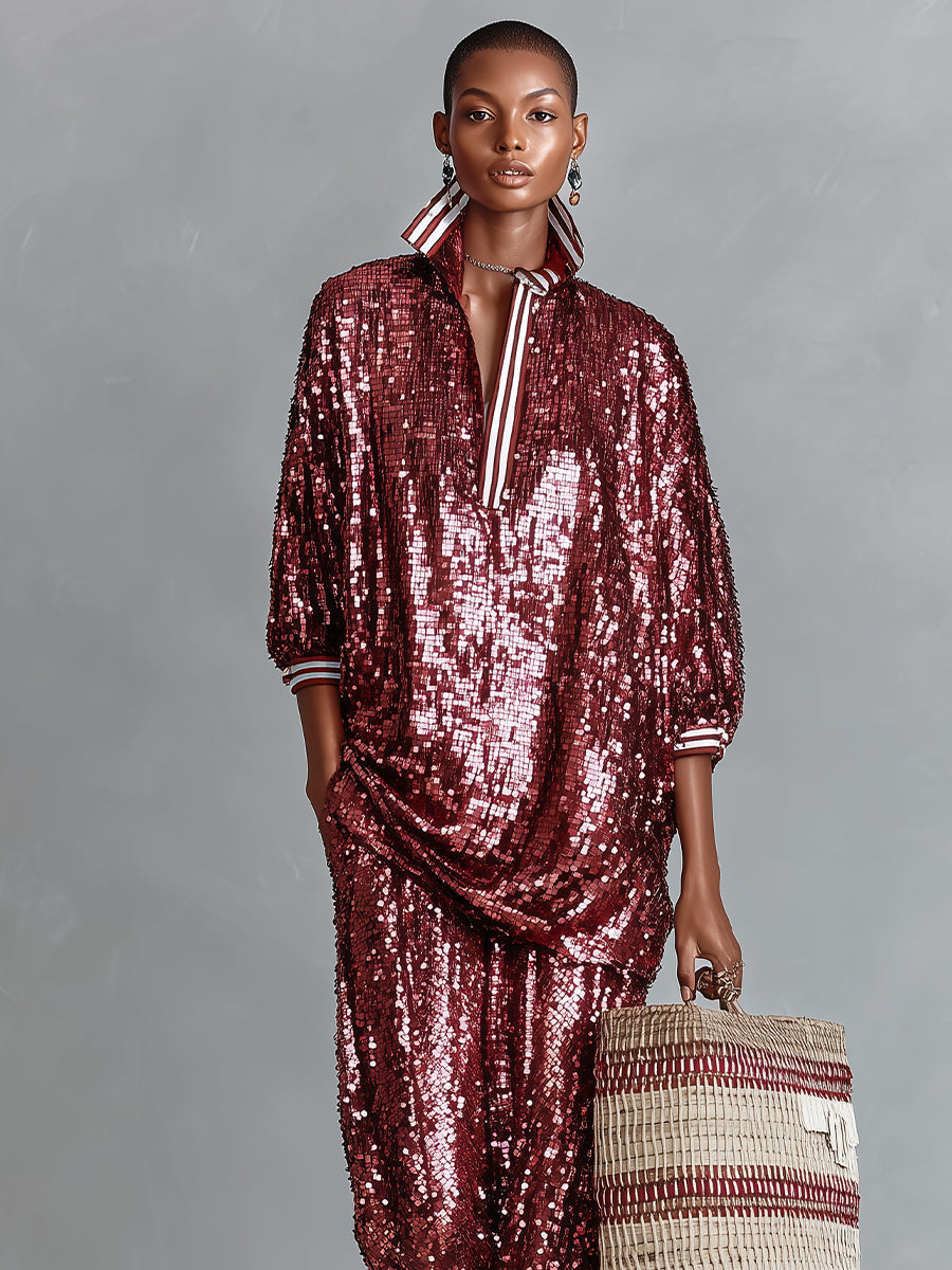 Burgundy Oversized Loungewear Set with Glamorous Sequin Stripes and Trim