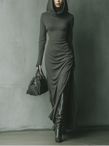 Dark Grey High Elastic Knitted Hooded Maxi Dress