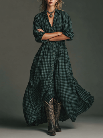 Plaid Long Sleeve Maxi Dress