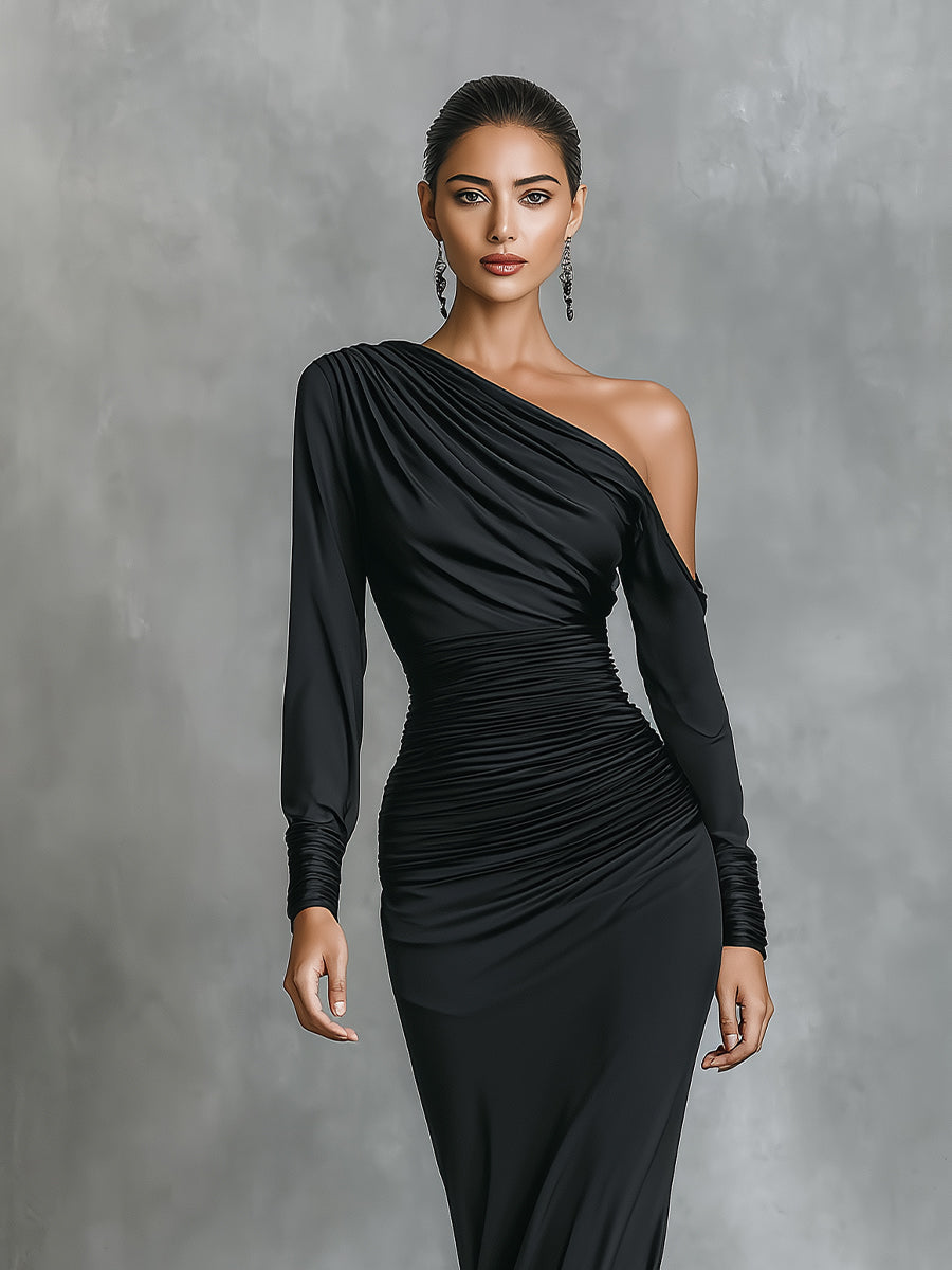 Black Elegant Satin One-Shoulder Ruched Mermaid Maxi Dress