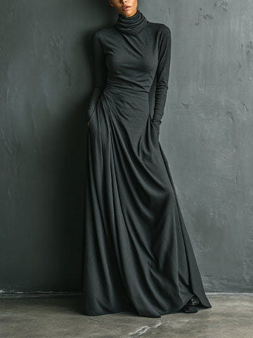 Charcoal Elegant Stretch Polyester-Cotton Blend Turtleneck Draped Maxi Dress