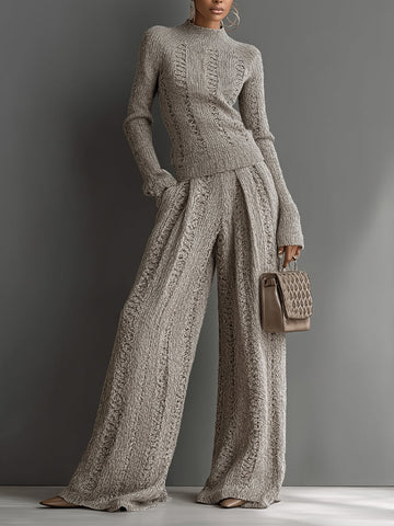 Taupe Elegant Knit Textured Sweater and Wide-Leg Pants Set