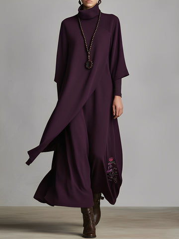 Plum Draped Cotton-Blend Jersey Elegant Turtleneck Embroidered Maxi Dress