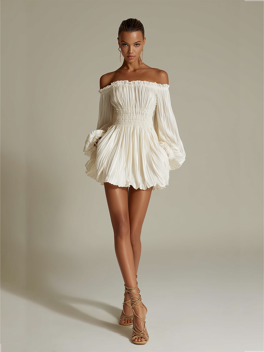 Ivory Pleated Dress With Off-Shoulder Neckline And Ruched Waist Timeless Sexy-Elegant Style Dress