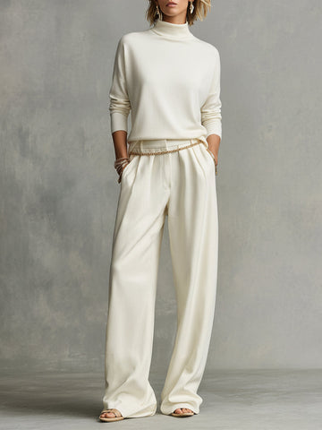 Cream Soft Knit Chic Turtleneck Top and Flowy Wide-Leg Pant Set
