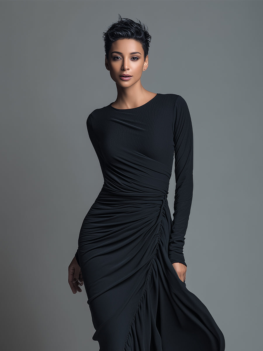 Black Elegant Jersey Knit Ruched Maxi Dress