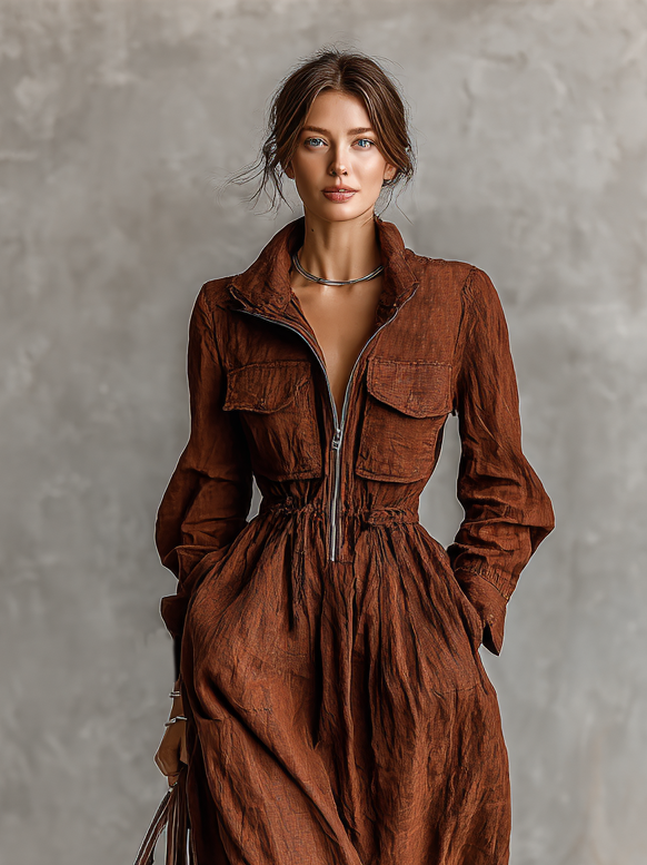 Cotton And Linen Maxi Dress With Zipper Lapel And Elastic Waist